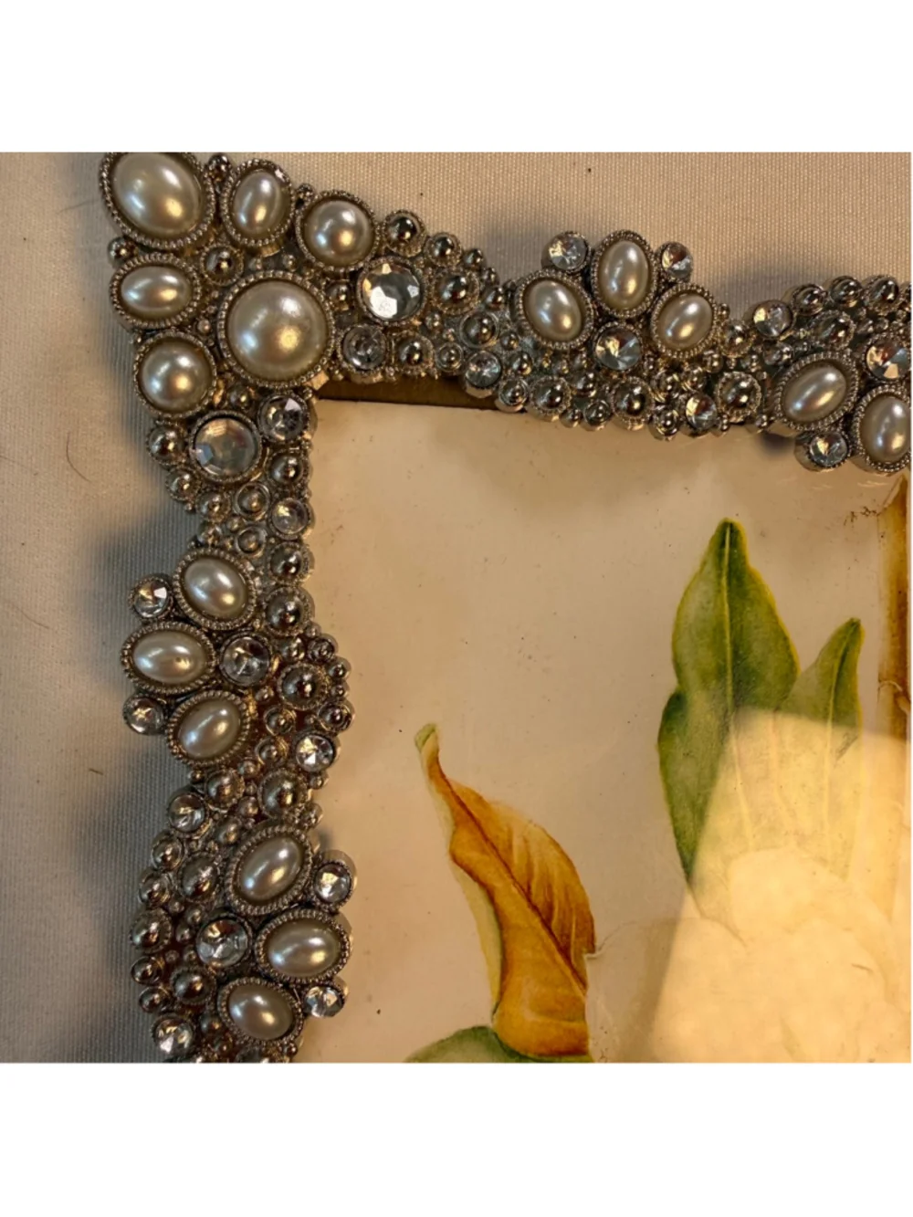 Elegant Pearl & Rhinestone Embellished Picture Frame 5x7 Silver Tone Decorative
